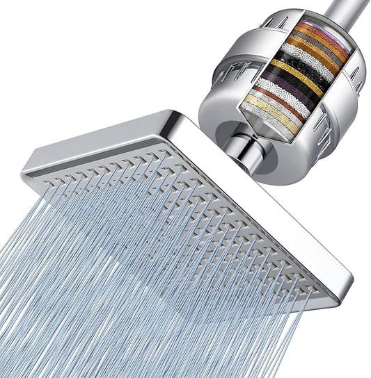 Voolan Filtered Shower Head - 20 Stage Luxury Rain Shower Filter For Hard Water for Remove Chlorine and Harmful Substances - 6" Square High Pressure Rainfall Showerhead (Chrome)