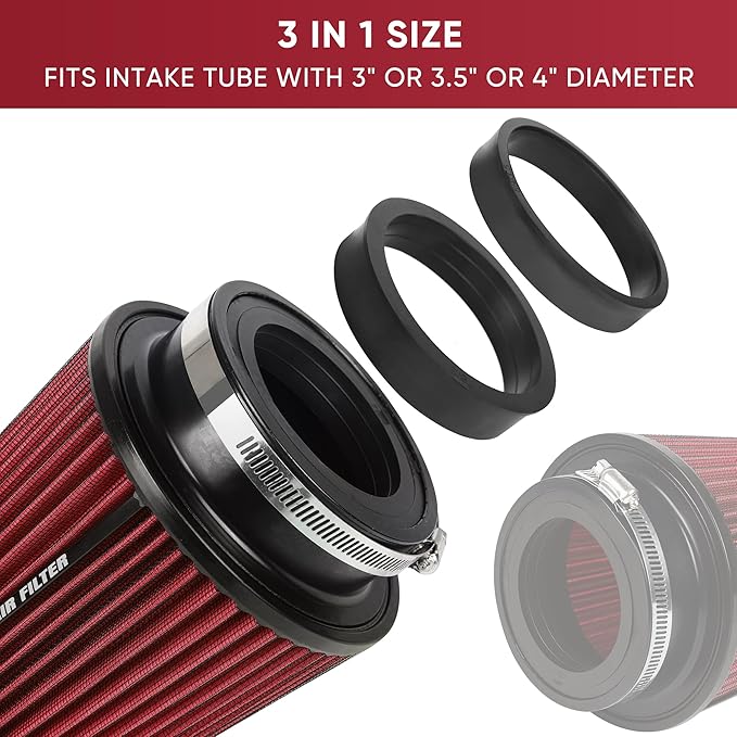 4 Inches Cold Air Intake Filter 3" or 3.5" or 4" High Performance Washable Clamp-On Replacement Cone Air Filter 3 in 1 Size Red