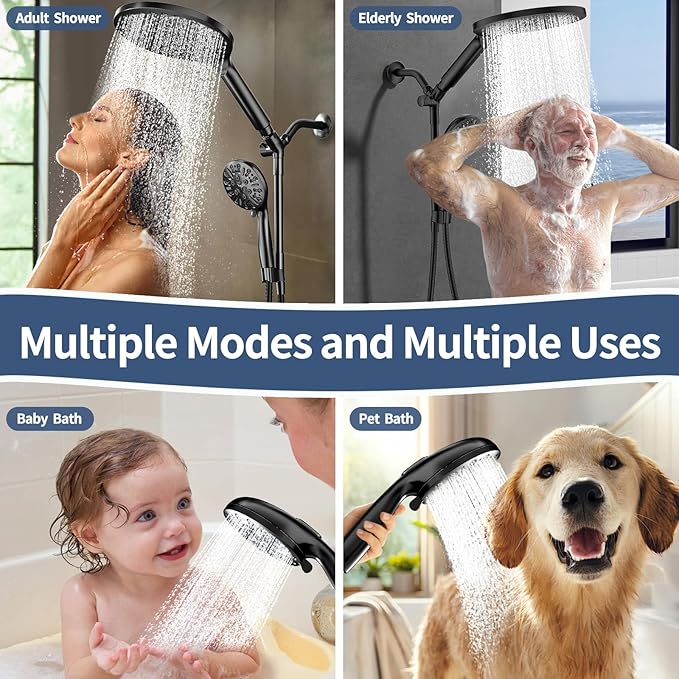KAIYING Dual Shower Heads with Handheld Spray Combo, High Pressure Modern Rain Shower Head with 9-Mode Handheld Showerhead, Double Rainfall Shower Head with 79-Inch Stainless Steel Hose (Matte Black)