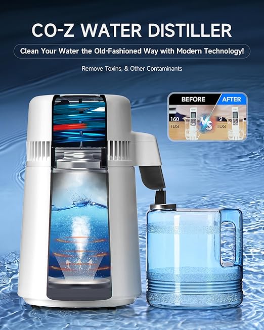 CO-Z 1.1 Gallon Water Distiller, 4L Distilled Water Machine with Timer & Reservation, 750W Distilled Water Maker for Drinking Water Purification, Countertop Water Distiller for Home Office Travel More