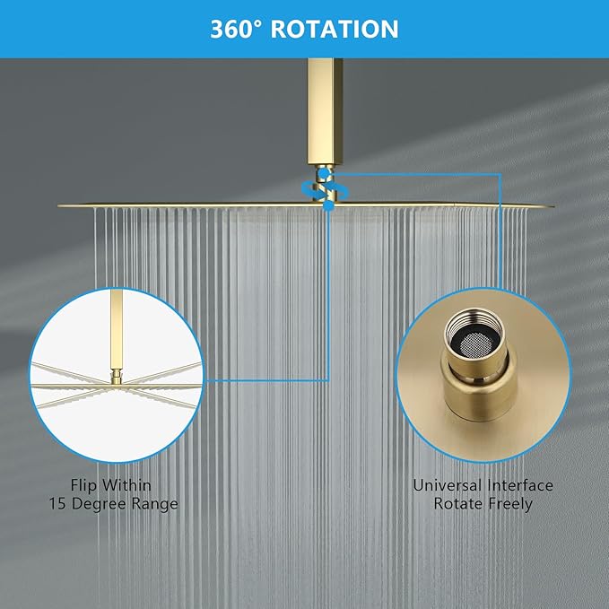 Lordear Gold Rain Shower Head 16 Inch Square Rainfall High Pressure Stainless Steel Rainfall Shower Head 360° Rotation Shower Head Waterfall Showerhead with Silicone Nozzle