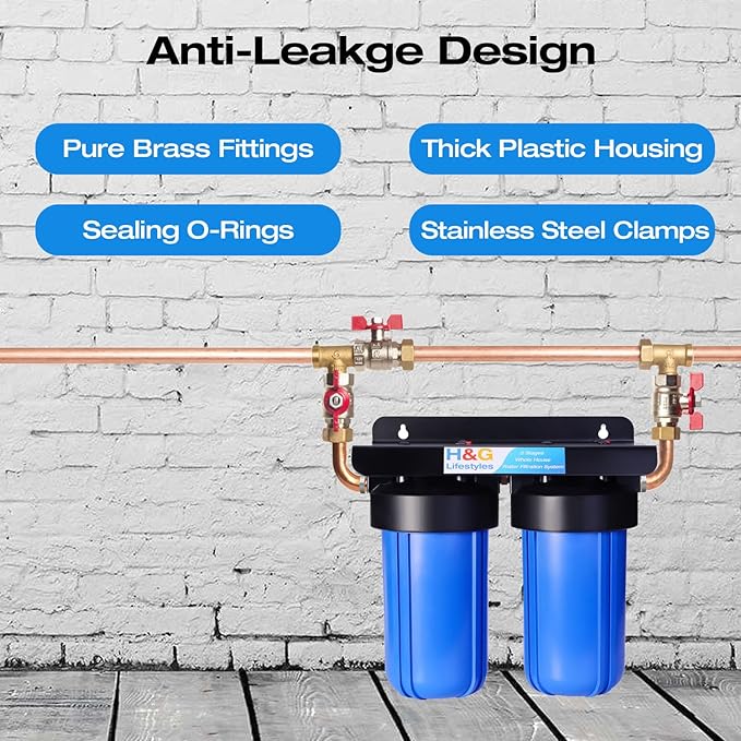 H&G Lifestyles Whole House Water Filter System,Iron Filter for Well Water,2 Stage Water Filtration System, Reduce Fluoride Chlorine Odor Heavy Metal Lead, 4.5x10 Cartridge,1" Barb Cooper Fittings