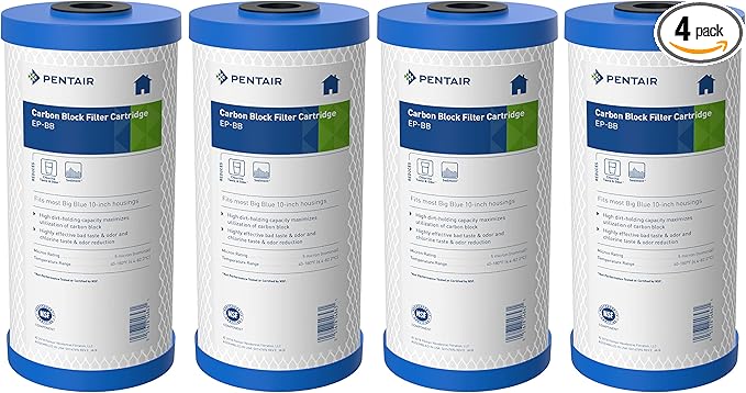 Pentair Pentek EP-BB Big Blue Carbon Water Filter, 10-Inch, Whole House Carbon Block Replacement Cartridge with Bonded Powdered Activated Carbon (PAC) Filter, 10" x 4.5", 5 Micron, Pack of 4