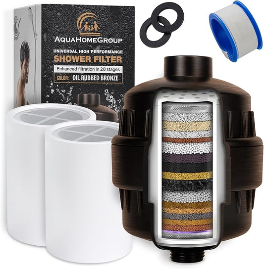 AquaHomeGroup 20 Stage Shower Head Filter with Vitamin C E A for Hard Water - High Output Filters to Remove Chlorine and Fluoride - 2 Cartridges Included - Consistent Flow Showerhead Filter