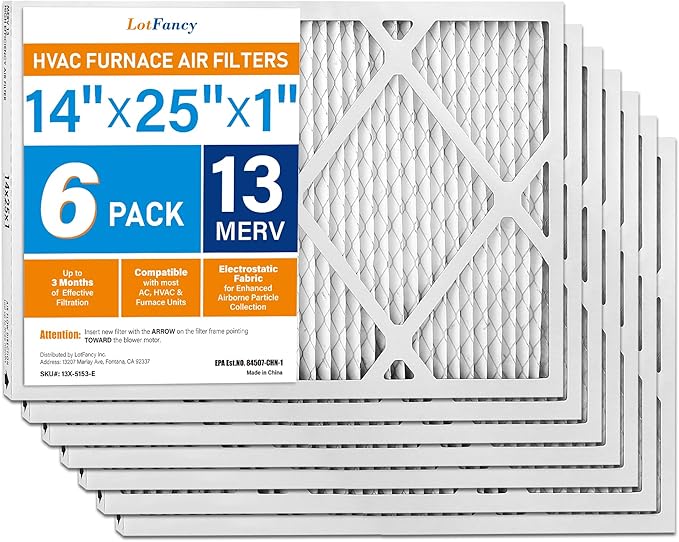 LotFancy 14x25x1 Air Filter MERV 13 Pet Smoke Smog Allergens Defense (6-Pack) Pleated HVAC Furnace Air Filters, Replacement for Home AC & Heating Systems, Actual Size: 13.75" x 24.75" x 0.75"