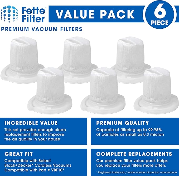 Fette Filter - 6 Hand Vac Filters Compatible with VBF10. For Model #'s HHVJ315JD10, HHVJ315JMF61, HHVJ315JMF71, HHVJ315BMF22, HHVJ320BMF26, HHVJ320BMFS27, HHVJ315JDP27