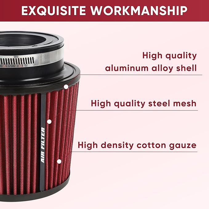 4 Inches Cold Air Intake Filter 3" or 3.5" or 4" High Performance Washable Clamp-On Replacement Cone Air Filter 3 in 1 Size Red