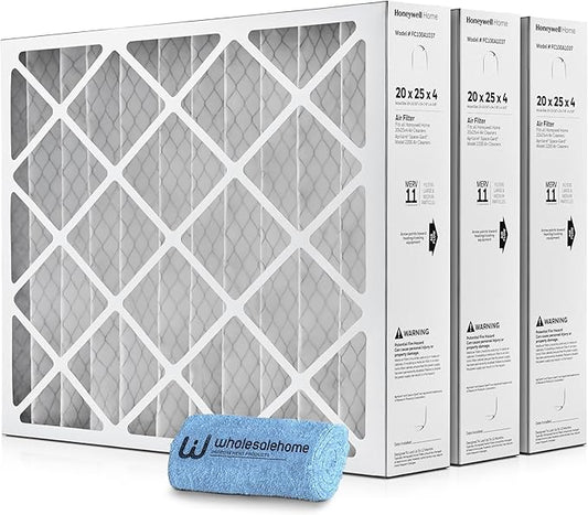 Honeywell 20x25x4 Air Filter Replacement MERV 11, FC100A1037 Pleated HVAC AC Furnace Filters with Wholesalehome Cleaning Cloth, 3-Pack (Actual Size: 19.94 x 24.88 x 4.38 Inches)