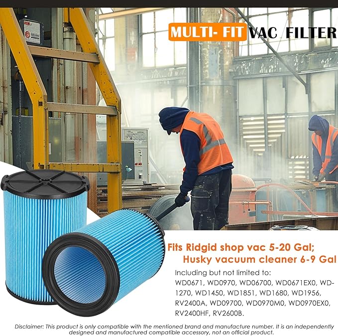 VF5000 Replacement Filter for Ridgid Shop Vacuums 5-20 Gallon, Universal Fine Dust Filter Fits Rigid Wet Dry Vac/Husky Shop Vacuum Filter 6-9 Gallon with Foam Sleeves- 1 Pack