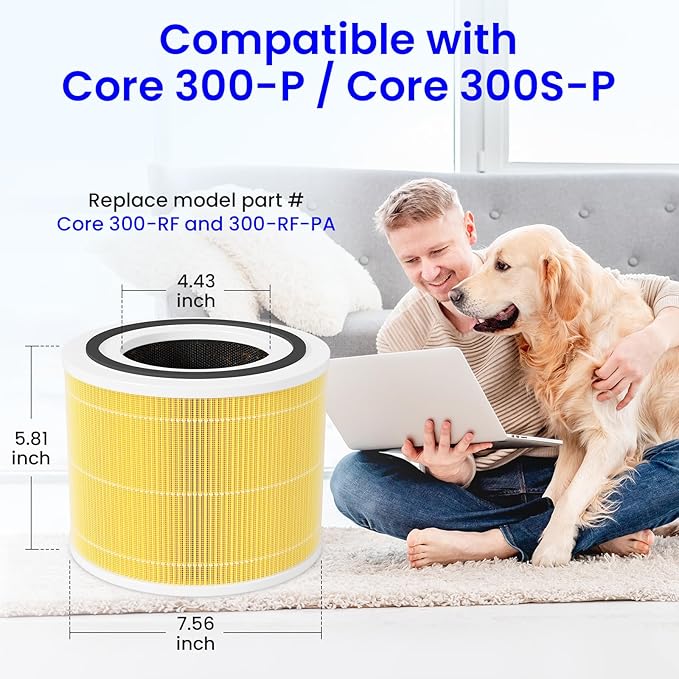 Future Way Core 300 Replacement Filter for LEVOIT Core 300 & 300S Air Purifier, 3-Stage H13 True HEPA Filter for Common Airborne Substance Removal, Replace Core 300-RF, Yellow, 2-Pack