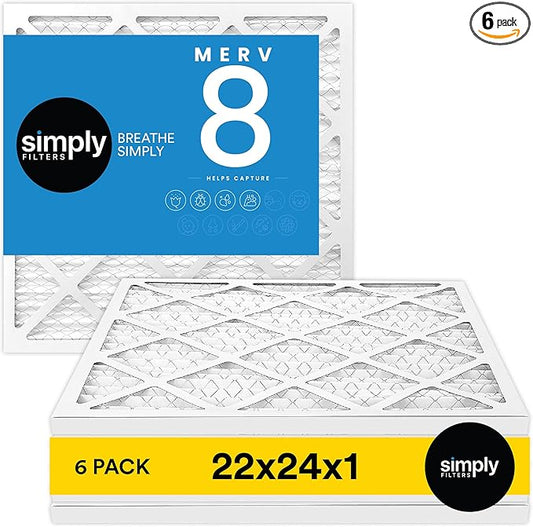 Simply 22x24x1 Air Filter, Merv 8, MPR 600, 6 Pack, For Home AC Furnace & HVAC (Actual Size: 21.75"x23.75"x0.75") DUST, Pet, & Allergy Control