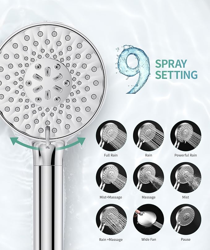 Filtered Shower Head with Handheld, High Pressure 9 Spray Mode Chrome Showerhead with 4 Filters, Detachable Shower Head, Water Softener Filters Beads for Hard Water - Remove Chlorine