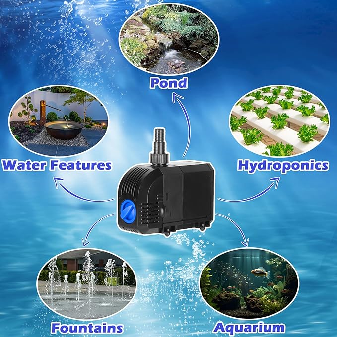 Submersible Water Pump 520GPH Aquarium Pump w/Sponge filter, 6.6ft. High Lift for Fish Tank Pond Hydroponic Water Fountain Sump Water Features Irrigation Powerful, Dry Burning Protection