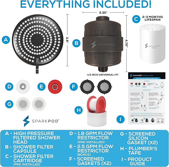 SparkPod 23-Stage Filtered Shower Head with 3 Spray Settings - High Pressure Shower Head with Filters for Dry Hair and Skin - Showerhead with Filter Reduces Chlorine & Heavy Metals (Oil-Rubbed Bronze)