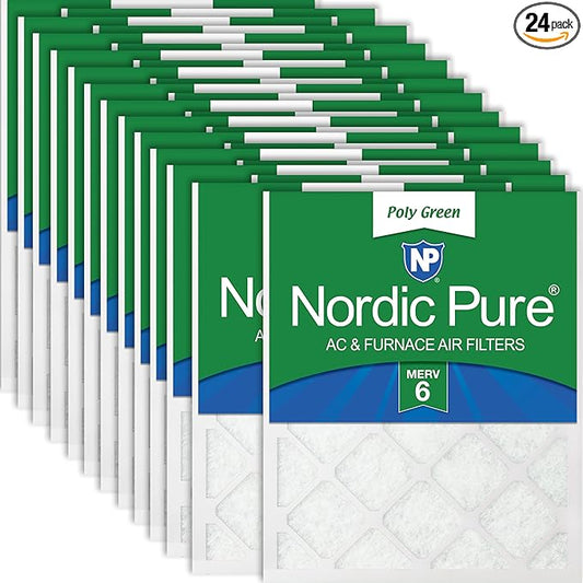 Nordic Pure 12x12x1 (Actual Size: 11 3/4 x 11 3/4 x 3/4) Poly Green MERV 6 AC Furnace Air Filters – Reduces Dust, Pollen, Pet Dander & Allergens – 24-Pack