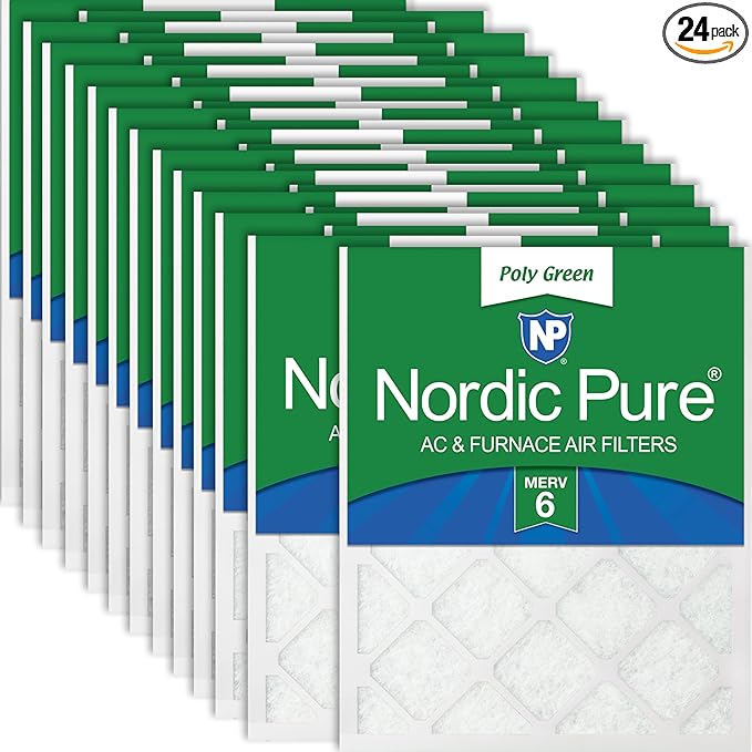 Nordic Pure 16x20x1 (Actual Size: 15 1/2 x 19 1/2 x 3/4) Poly Green MERV 6 AC Furnace Air Filters – Reduces Dust, Pollen, Pet Dander & Allergens – 24-Pack