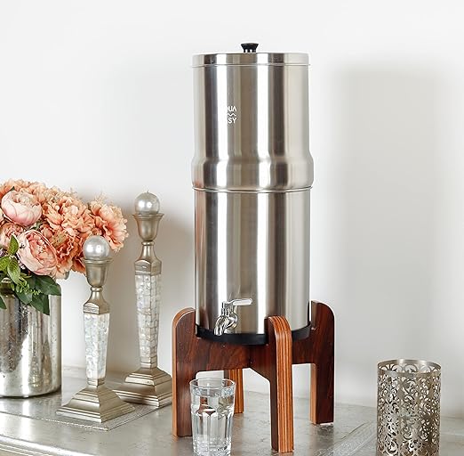 AquaEasy NSF/ANSI 372 Certified Stainless Steel Gravity Water Filter System (2.25 Gallon) 2X Activated Carbon Filter, Stainless Steel Tap and Wooden Stand | Countertop Water Filtration System (Matte)