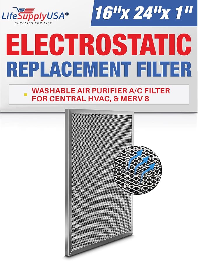 16x24x1 Electrostatic Air Filter, MERV 8, Washable, Reusable Furnace AC/HVAC Filter, Energy Saving, Easy to Clean, Long-Lasting by LifeSupplyUSA