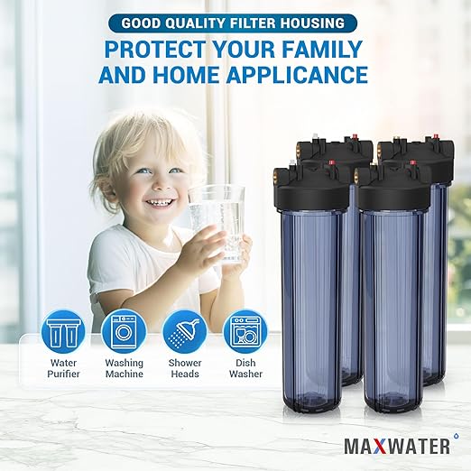 Max Water Whole House 20" x4.5" Purple Clear WH Water Filter Housing 1 inch Inlet/Outlet Ports with Pressure Gauge Wrench and Bracket (4 Housing + 2 Pressure Gauge)