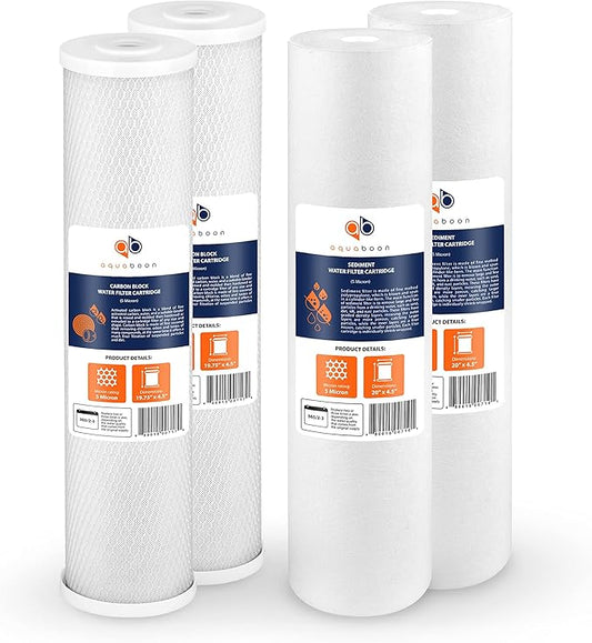 Aquaboon 5 Micron 20 x 4.5 Water Filter Cartridges Set of 4, Whole House Water Filter Replacements for 2-Stage Sediment & Chlorine, Odors Reduction