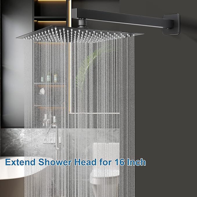 HarJue Shower Head with Extension Arm, High Pressure Square with ShowerArm, Stainless Steel Rainfall-Waterfall Full Body Coverage (10'' Shower with 16'' Arm, Matte Black)