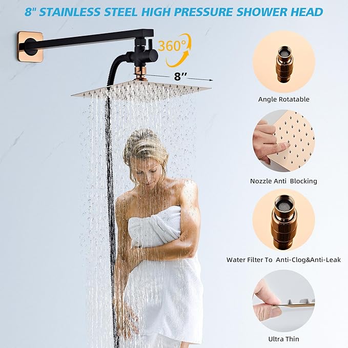 Shower Head Combo Matte Black and Rose Gold, 8 Inch Rain Shower Head with Handheld 5 Spray Modes High Pressure Rainfall Shower Heads System, 15 Inch Shower Adjustable Extension Arm