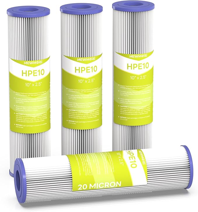 20 Micron Whole House Water Filter Cartridge, Pleated Sediment Filters for Well Water, Universal Replacement for Any 10 inch RO Unit - 10" x 2.5" Cartridges - Pack of 4