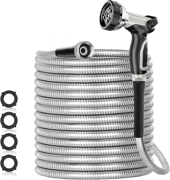 175ft 304 Stainless Steel Garden Hose Metal, Heavy Duty Water Pipe with Nozzles for Yard, Outdoor - Flexible, Never Kink & Tangle, Puncture Resistant (Sliver)