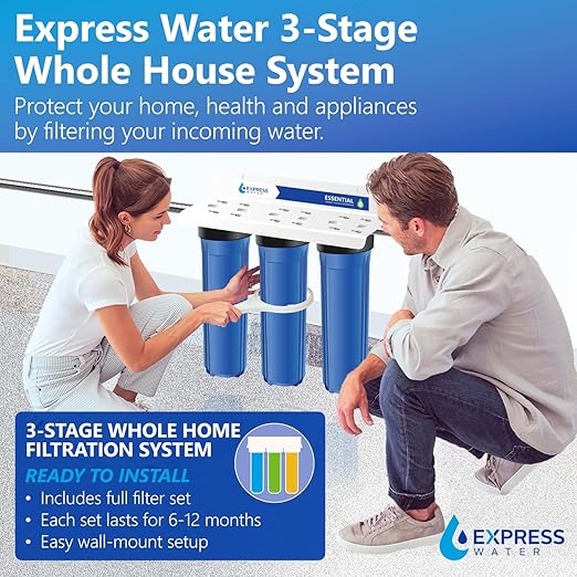 Whole House Water Filter System| ESSENTIAL | 3 Stage Water Purifier Whole Home, Top-Tier GAC, ACB Filters Produce Overachieving H2O, Significantly Reduces Chlorine & Sulfur Smell/Taste, Healtheir Skin
