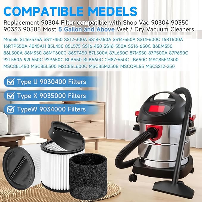 90304 Replacement Filter for Shop Vac 90304 90350 90333 90585 5 Gallon and above Wet/Dry Vacuum compatible with Shop Vac Vaccuums 2 replacement filter+2 lids+4 foam sleeve filters+4 Filter cloth,17pcs
