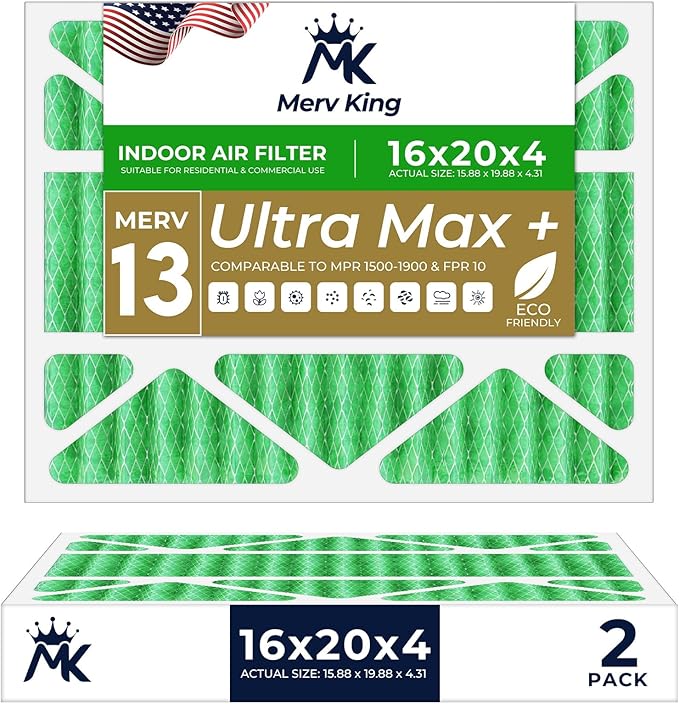 MervKing 16x20x4 Air Filter Actual Size: 15.88" x 19.88" x 4.31" MERV 13 MPR 1500-1900 | MADE IN USA | 2-Pack | Pleated HVAC AC Furnace Replacement