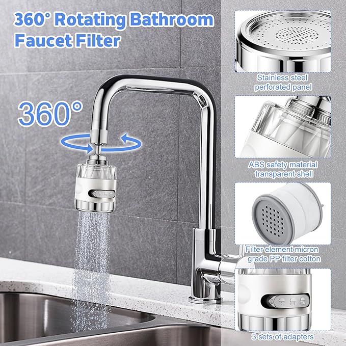 2 Pack Sink Water Filter Faucet, Universal 360 ° Rotating Faucet Filter for Kitchen Sink, 3 Modes Bathroom Faucet Filter Removes Chlorine Fluoride Heavy Metals Hard Water for Home Kitchen & Bathroom