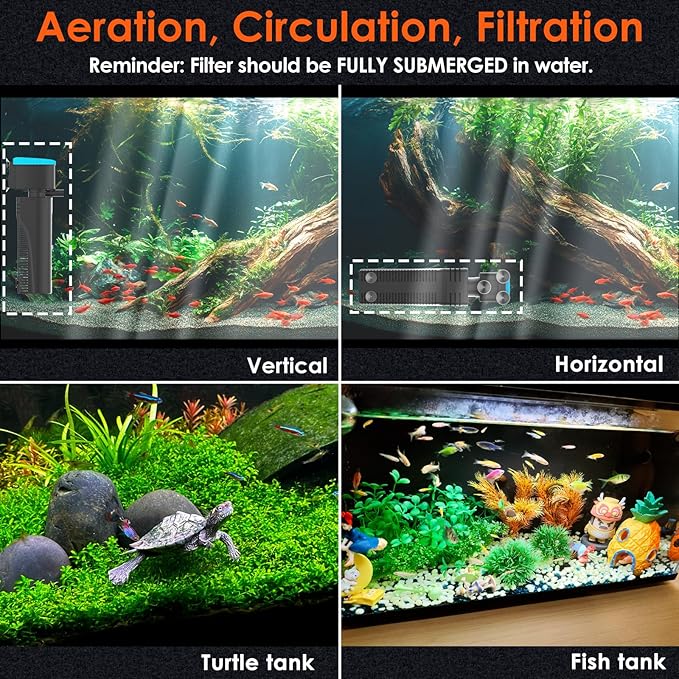 U - V Aquarium Filter with Timer (3/6/12/24 Hours) for Green Water Cleaning, Fish Tank Filter with Aeration & Rainfall Mode, Turtle Filter with Efficient Filter Sponge for Tanks 60-150 Gallon