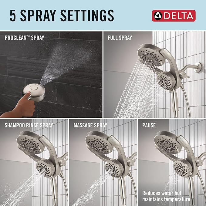 Delta 5-Setting HydroRain 2-in-1 Dual Shower Head with ProClean Spray, Brushed Nickel High Pressure Shower Head with Handheld Spray, 1.75 GPM Flow Rate, Satin Nickel 75419SN