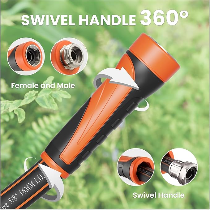 Giraffe Tools Garden Hose 75ft x 5/8", Water Hose Heavy Duty, Flexible, Lightweight Hybrid Hose with Swivel Handle, Male to Female Fittings, Burst 600 PSI