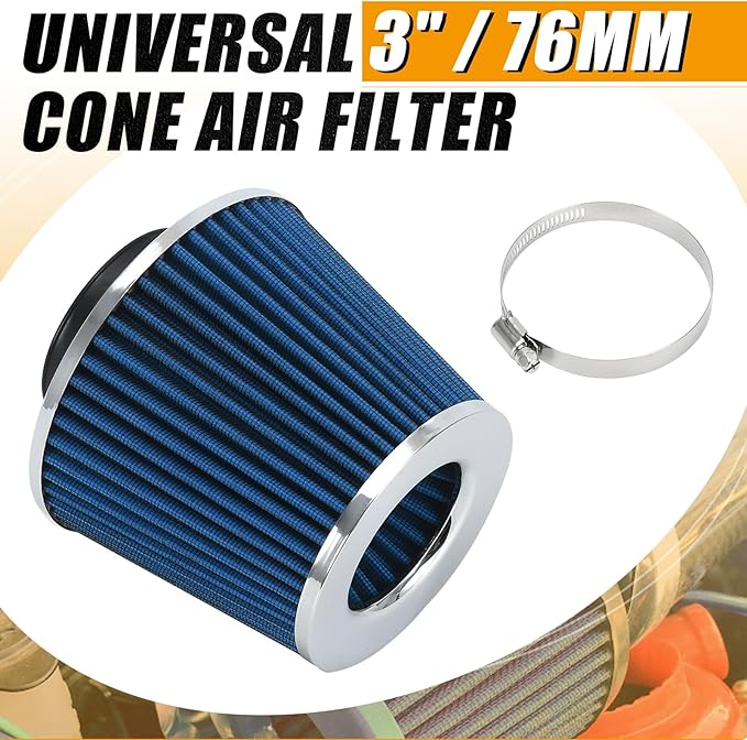 PTNHZ Universal Blue 3" 76mm High Flow Cold Air Intake Cone Air Filter Power Intake Air Inlet System Air Cleaner