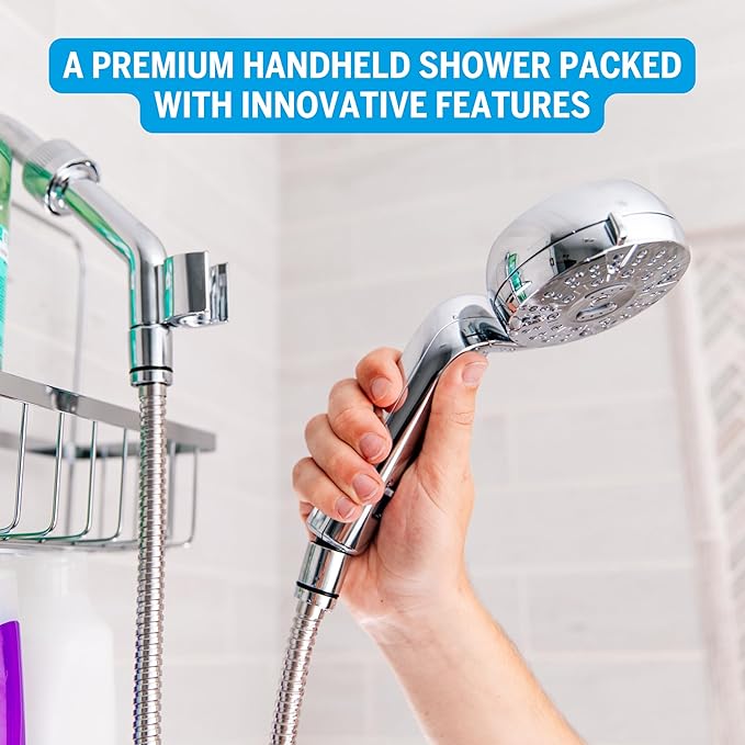 Waterpik Caddy Buddy Pivoting Hand Held Shower Head With 5-Foot Hose, 5-Mode with High Pressure Sprays, Brushed Nickel, PHO-559ME