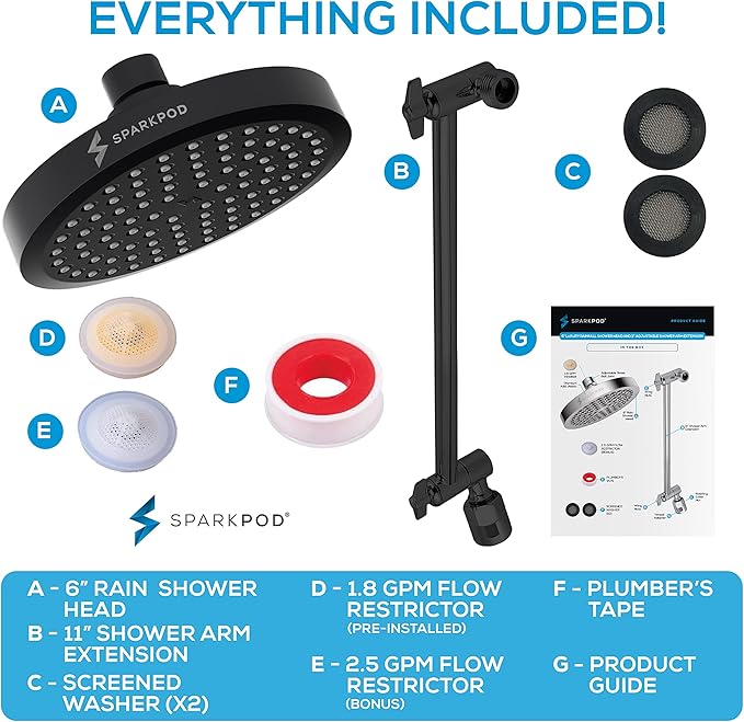 SparkPod Round Rain Shower Head with Extension Arm - Height Adjustable Shower Head with High Pressure Performance - Easy 1-Minute Installation (11" Arm Extension, Midnight Black Matte)