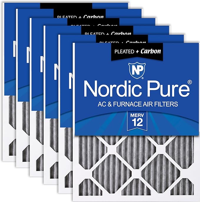 Nordic Pure 12x12x1 (11 3/4 x 11 3/4 x 3/4) Furnace Air Filters MERV 12 Pleated Plus Carbon 6 Pack