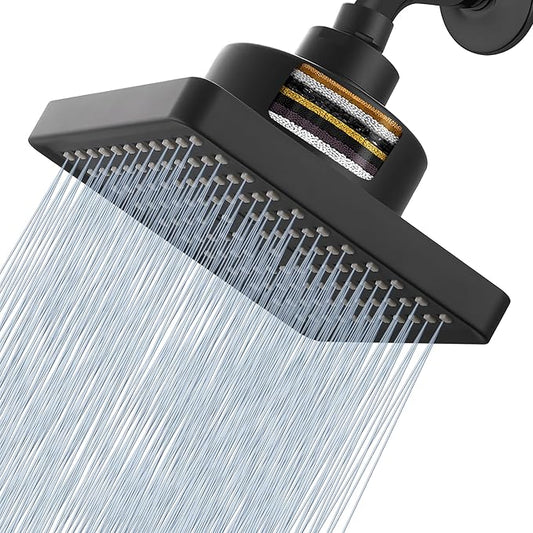 High Pressure Rain Shower Head with Filtered - 6" Square Showerhead Filter for Remove Chlorine and Harmful Substances, Improve Hair and Skin Problems, Matte Black