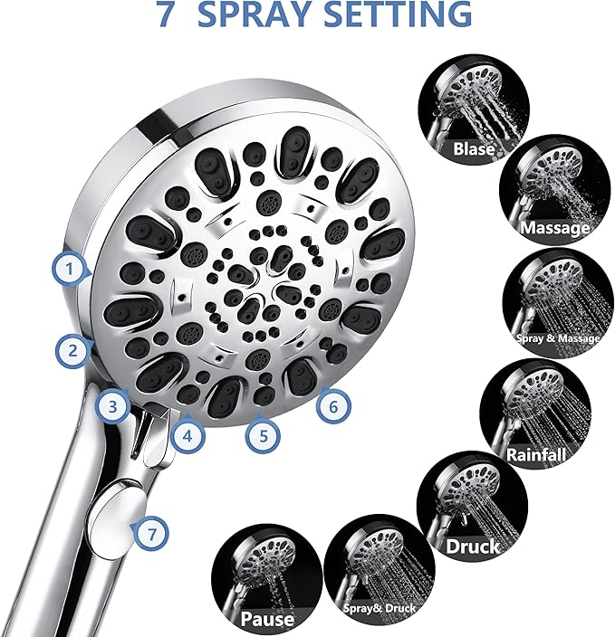 Shower Head with Handheld 7 Spray Combo,Hand Held Showerhead with On/Off Switch,High Pressure Detachable Shower Heads with 60" Long Hose (Chrome)