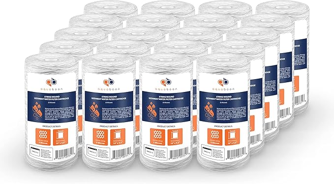 Aquaboon 5 Micron Water Filter 10 x 4.5 inch - String Wound Water Filter for Whole House System - Compatible with 84637, WPX5BB97P, PC10, 355214-45, 355215-45, WP10BB97P, WP5BB97P (20 Pack)