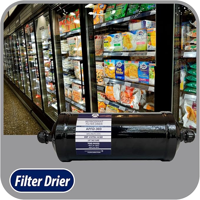 Appli Parts APFD-303 3/8 in Liquid Line Refrigerant AC Filter Drier hvac Refrigeration 303 SAE Flare connection universal unidirectional 10-1/2 in long 3-1/4 in wide