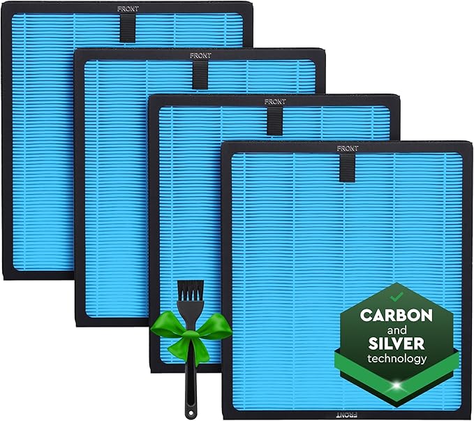 4 Pack HY4866 True HEPA Replacement Filter Compatible with MORENTO, WESTHEY HY4866, YIOU M1 - Air Purifier Filters, 4 Stage Filtration, 2in1 Carbon & Silver Technology - Blue