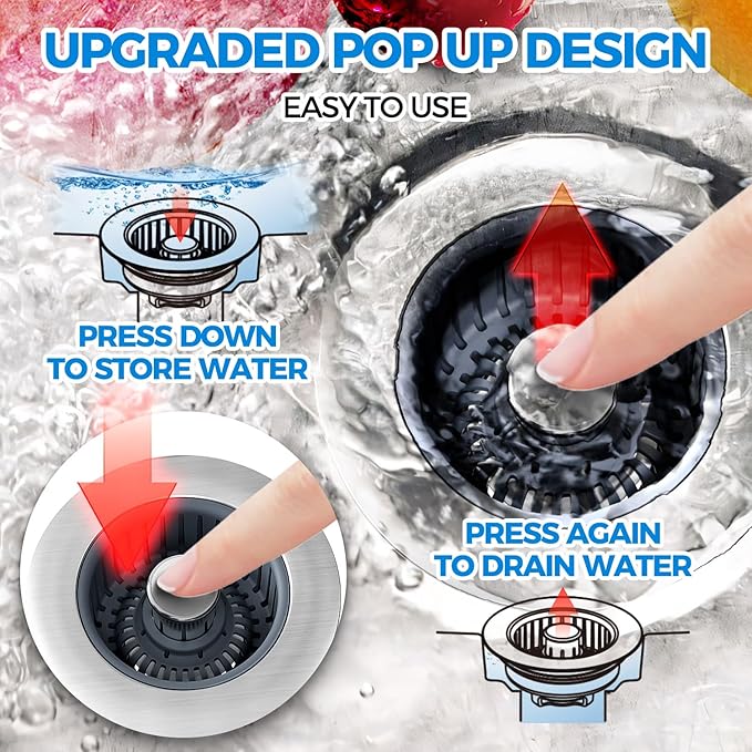 Kitchen Sink Drain Strainer - 2Pack Sink Stopper, Drain Protector, Kitchen Drain Plug & Sink Installation Parts with Anti-Clogging Basket, Fit US Standard 3-1/2'' Sink Drain Hole, Silver