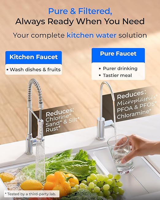 Waterdrop DLG-P Under Sink Water Filter System, 2-Outlet Filter, Reduces PFOA/PFOS Chlorine Chloramine Fluoride Odor, Under Sink Water Filtration System with Dedicated Faucet, Life Indicator