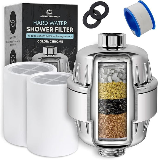 AquaHomeGroup Hard Water Shower Head Filter (2 Cartridges Included) – High-Pressure Water Softener for Limescale & Residue Reduction – 5 Stage Filtration with Resin, Carbon & KDF – Universal Fit