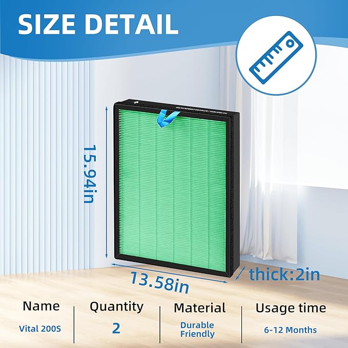 Vital 200S Toxin Absorber Replacement Filter for LEVOIT Vital 200S Air Purifier, 3-in-1 True HEPA and High Efficiency Activated Carbon Filter, Replaces Vital 200S-RF-TX(LRF-V201-GUS), 2 Packs, Green