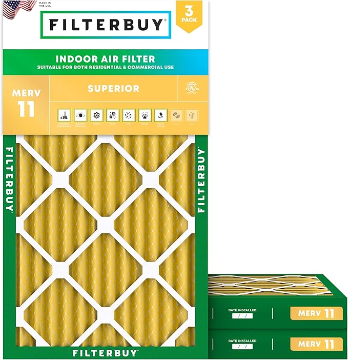Filterbuy 16x24x2 Air Filter MERV 11 (MPR 1200) Allergen Defense Replacement (3-Pack), Electrostatic Pleated HVAC AC Furnace Filters, Made in USA (Actual Size: 15.38 x 23.38 x 1.75)