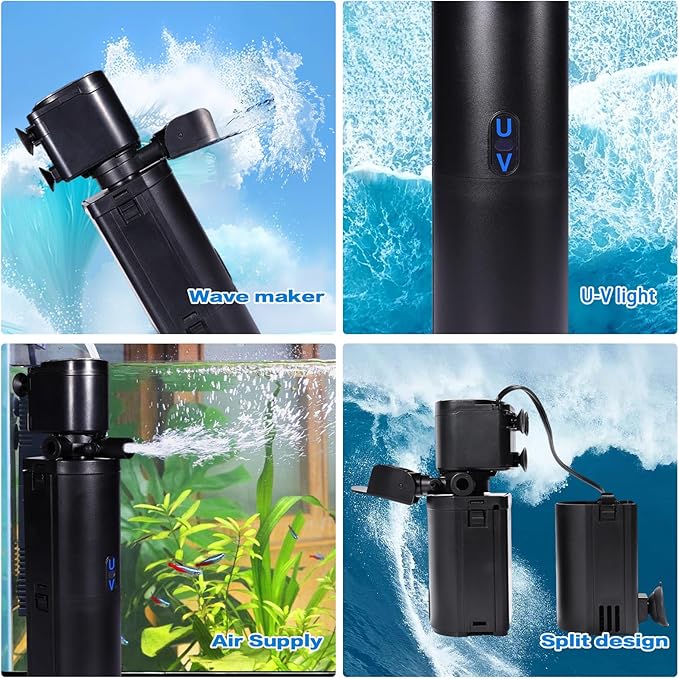 Dual-Chamber U-V Aquarium Filter, 4-in-1 Submersible Fish Tank Filter for 20-75 Gal Turtle Tanks, Ultra-Silent Green Clean Machine with Filtration, Wave Making & Oxygenation